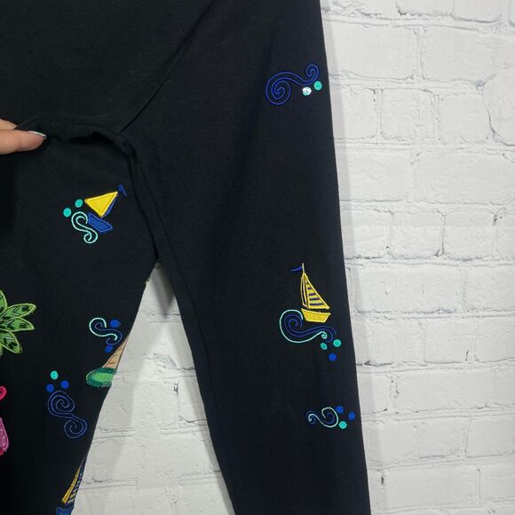 Michael Simon Cardigan Medium Black Beaded Palm Tree Flamingo Artsy Coastal - Picture 11 of 15